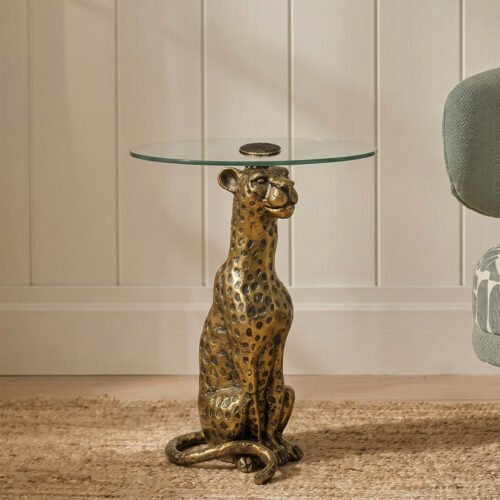 Panther Side Table with Glass – Luxury Sculptural Accent Table