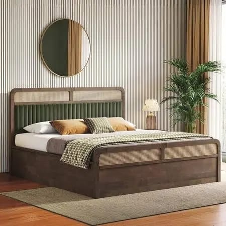 Hanoi Solid Wood Cane King Size Bed Hydraulic Storage